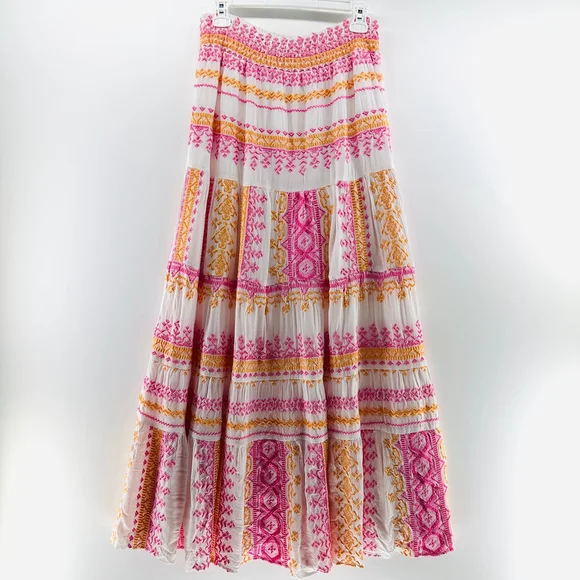 HALE BOB Piera GAUZE EMBROIDERED White + Pink Tiered MAXI SKIRT Layered WOMENS M - Picture 3 of 9